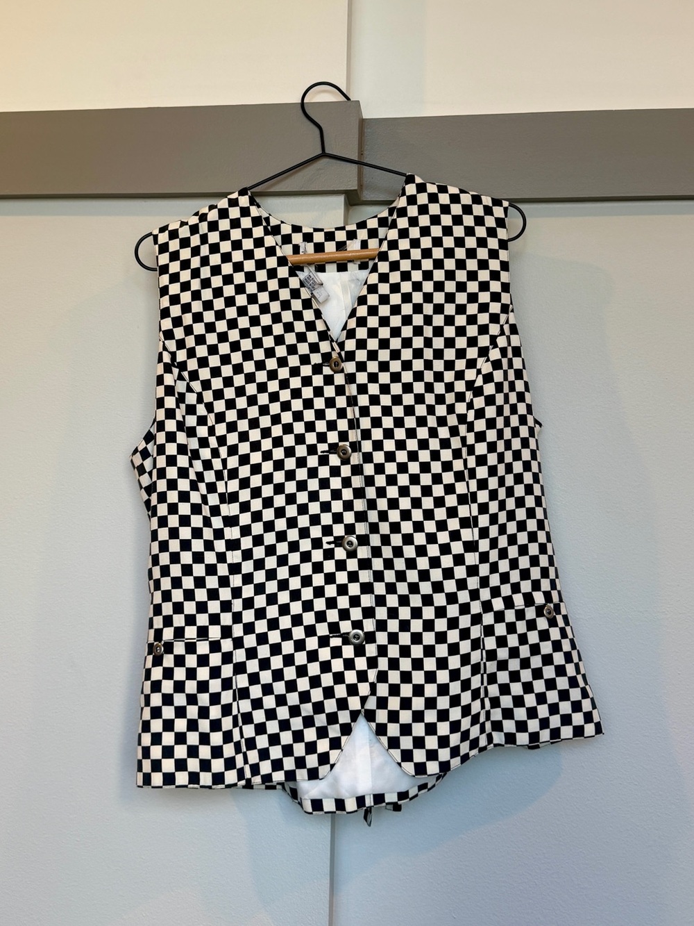 100% Silk Black & White Checkerboard Button-Up Vest Size M